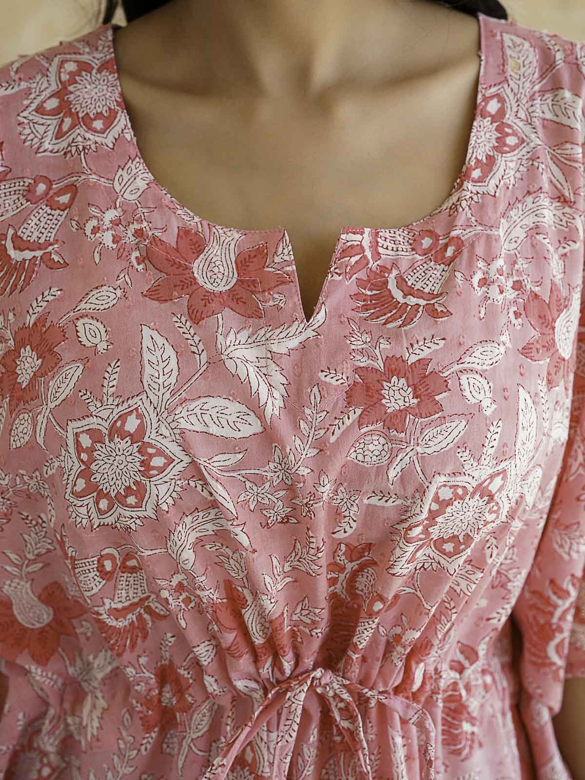 Block-Printed Cotton Long Kaftan Pink Jaal
