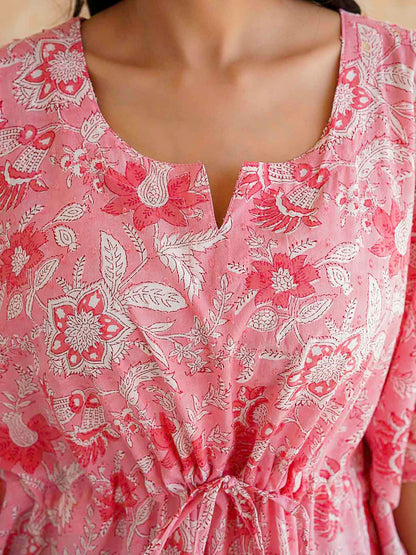 Block-Printed Cotton Long Kaftan Pink Jaal