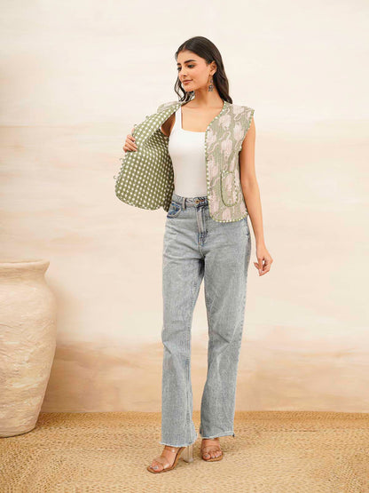 Cotton Printed Crop Sleeveless Quilted Jacket Green