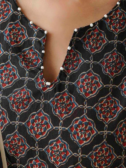 Cotton Printed Aline Kurta Set For Women Black