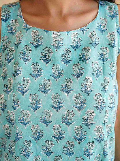 Cotton Printed Stylish Backless Tie-Up Kurti Sky Blue