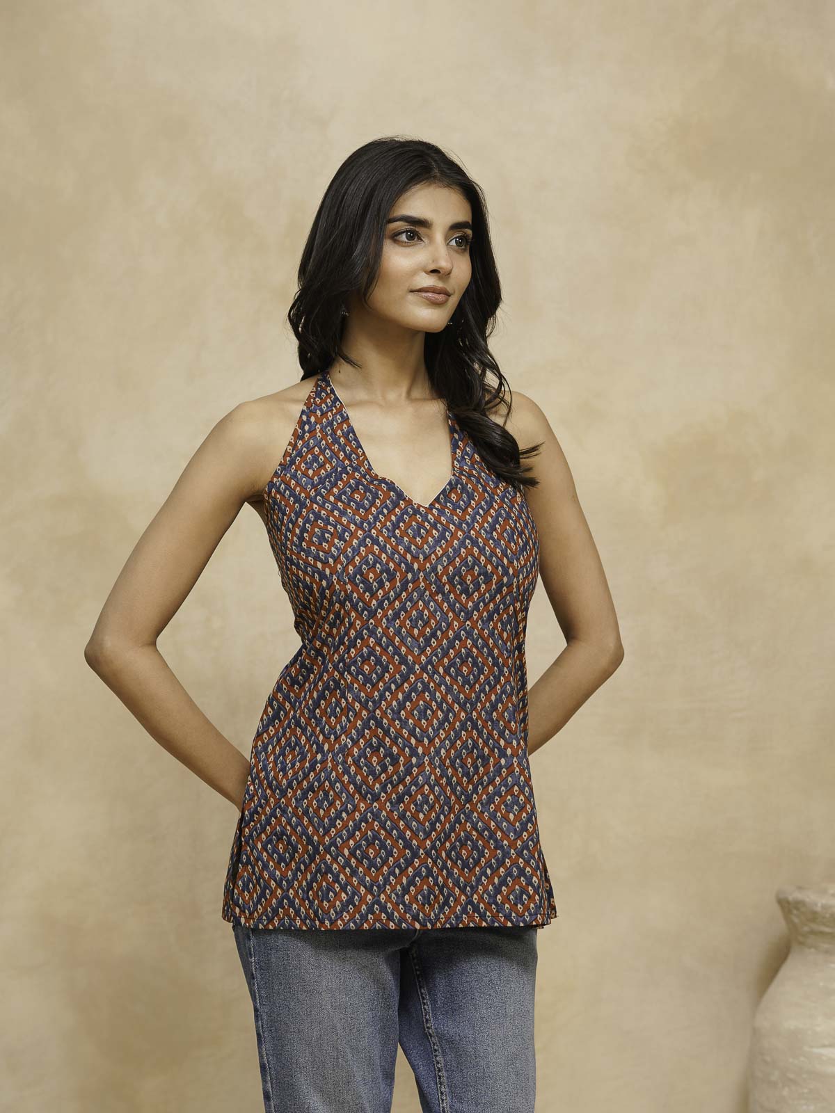 Cotton Printed Stylish Halter Tie-Up Kurti Bandhej