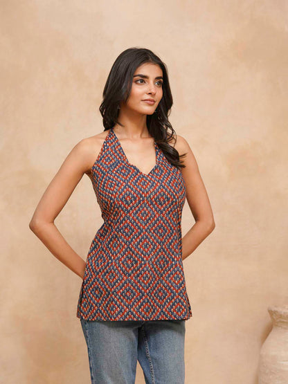 Cotton Printed Stylish Halter Tie-Up Kurti Bandhej