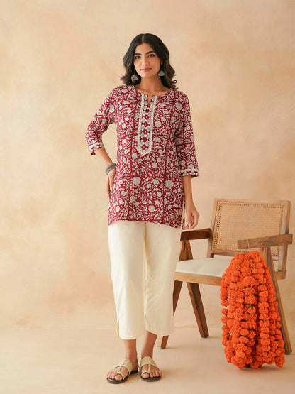 Block-Printed Cotton Zoya Kurti Red Jaal