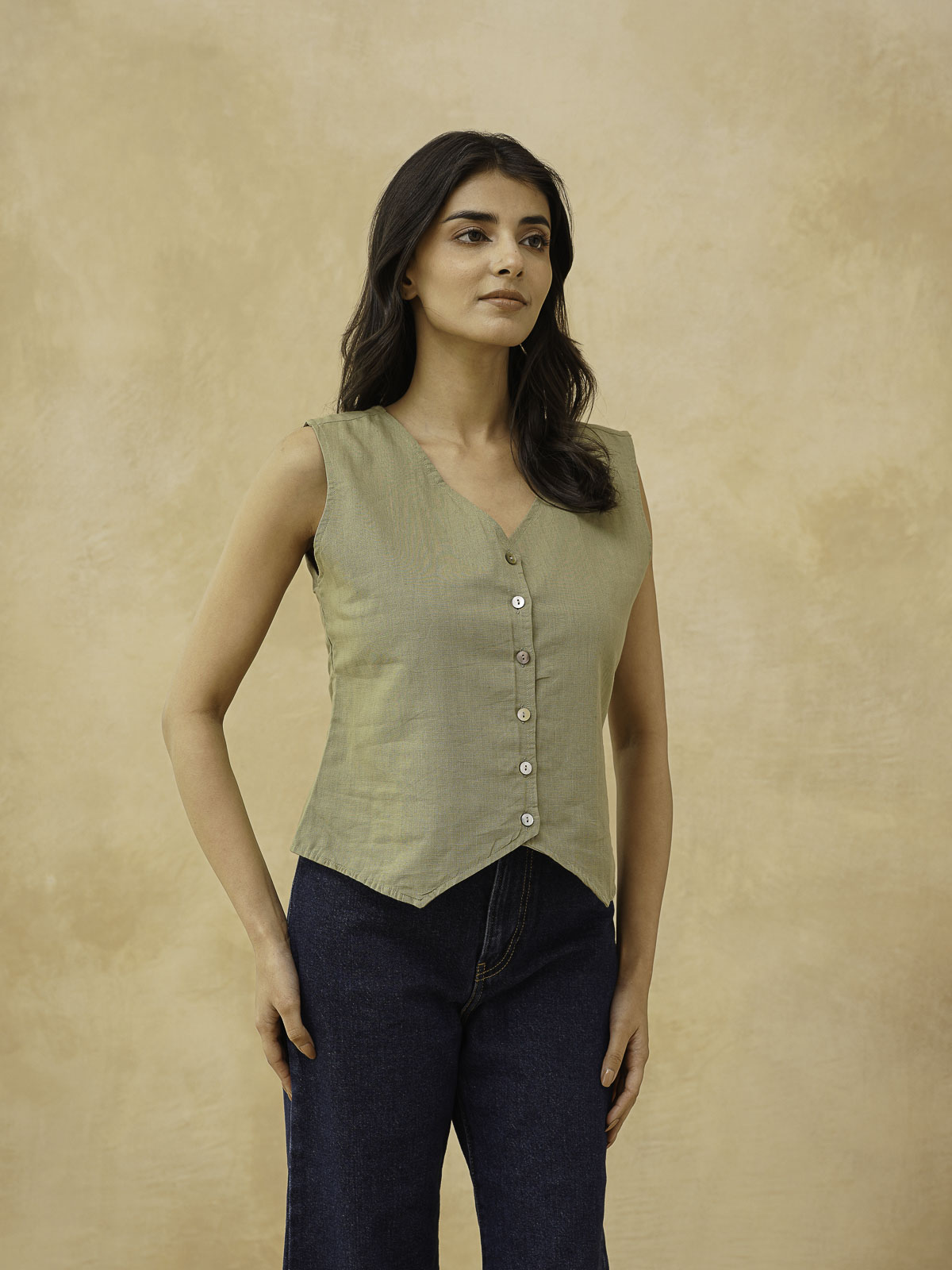 Classic Linen Vest For Women Green