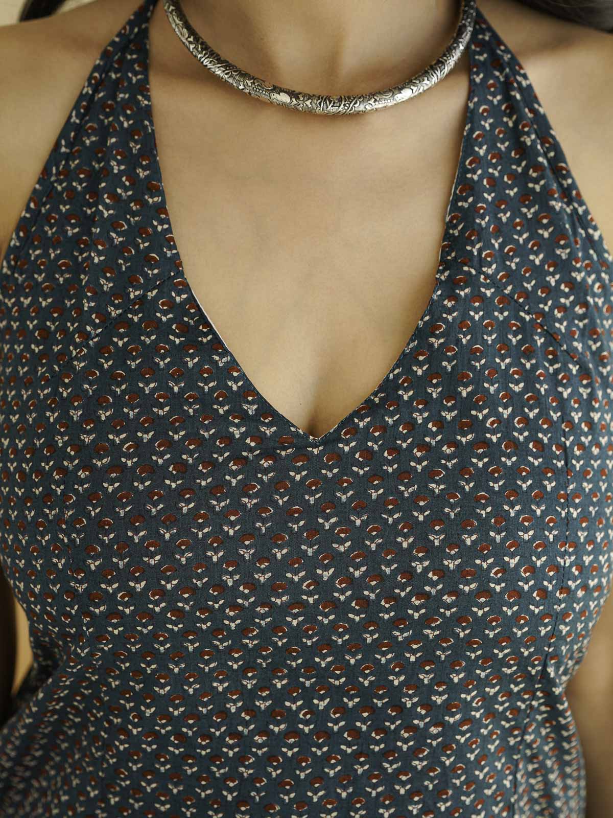 Cotton Printed Stylish Halter Tie-Up Kurti Green Booty