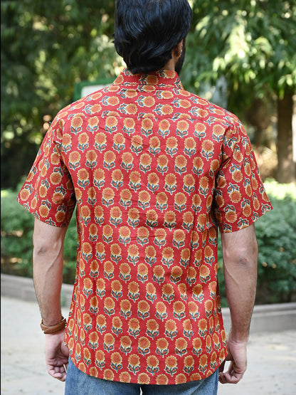 Men's Relaxed Fit Cotton Shirt – Half Sleeves - Red Sunflower