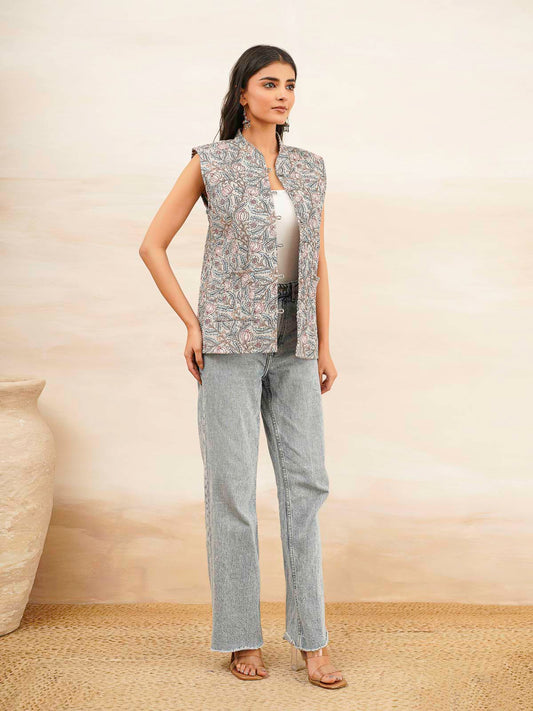 Cotton Printed Sleeveless Quilted Jacket Grey