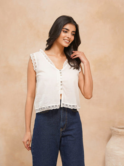 Sleeveless Cotton Printed Daisy Lace Top White