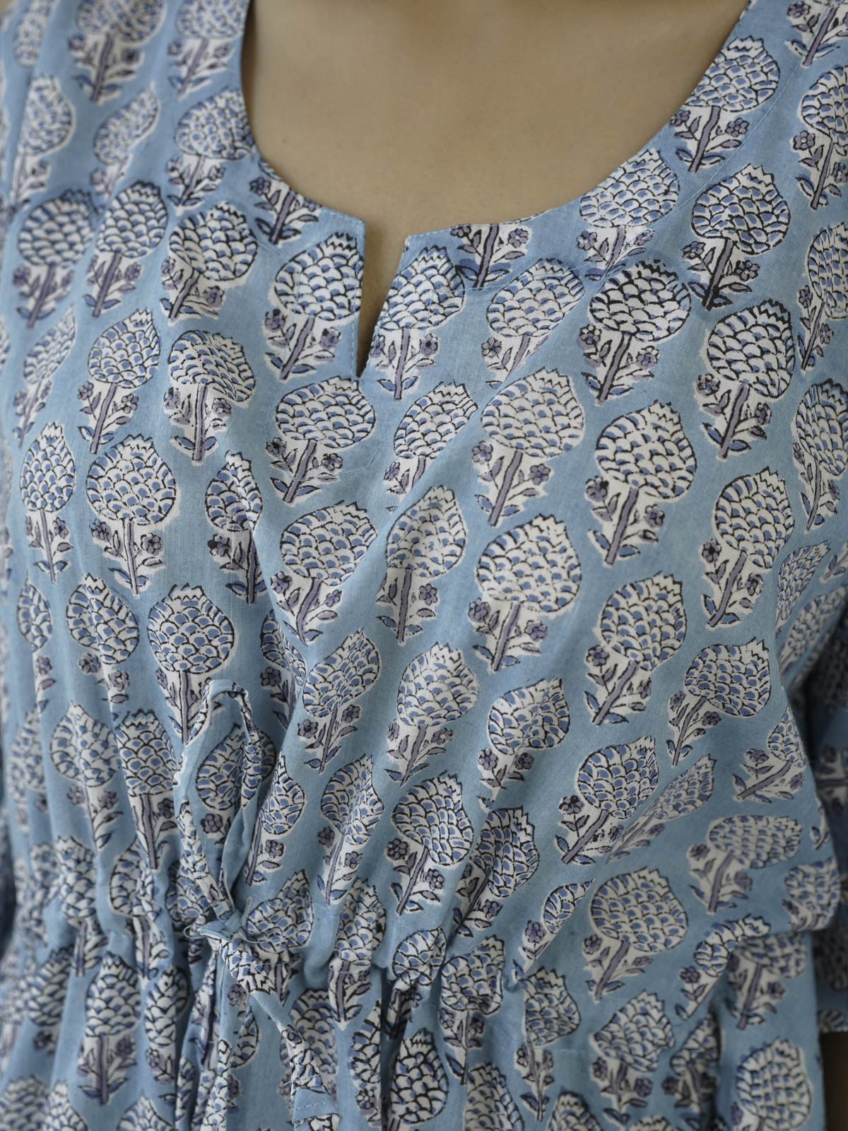 Block-Printed Cotton Long Kaftan Blue Booty