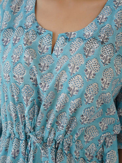 Block-Printed Cotton Long Kaftan Blue Booty