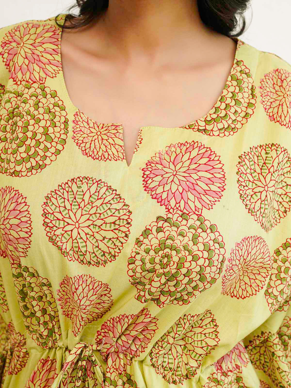 Block-Printed Cotton Long Kaftan Green Flower