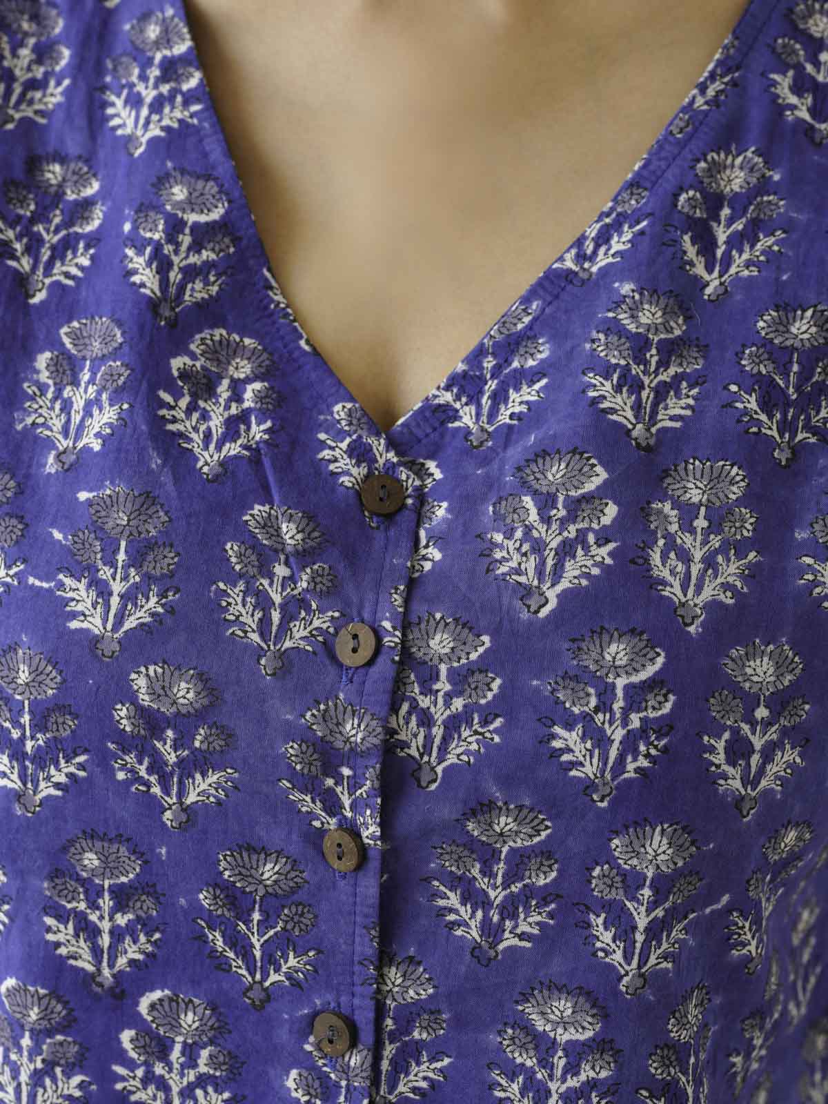 Sleeveless Cotton Block Printed Kothi Top Royal Blue