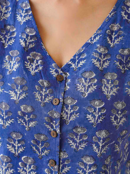 Sleeveless Cotton Block Printed Kothi Top Royal Blue