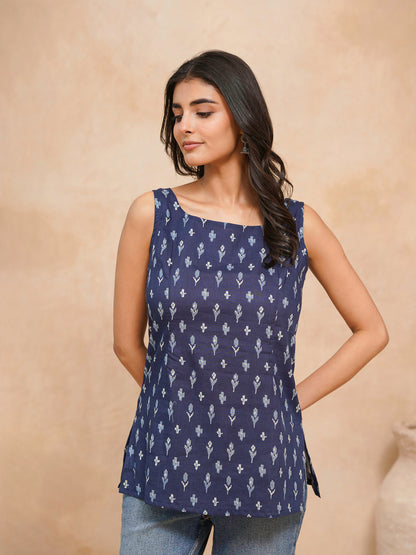 Cotton Printed Stylish Backless Tie-Up Kurti Blue