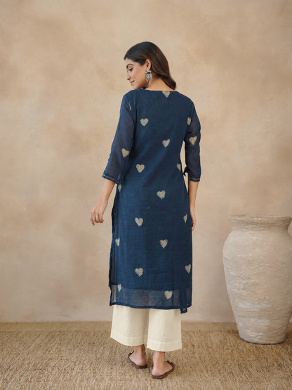 Cotton Printed Kantha Style Set For Women Indigo Heart
