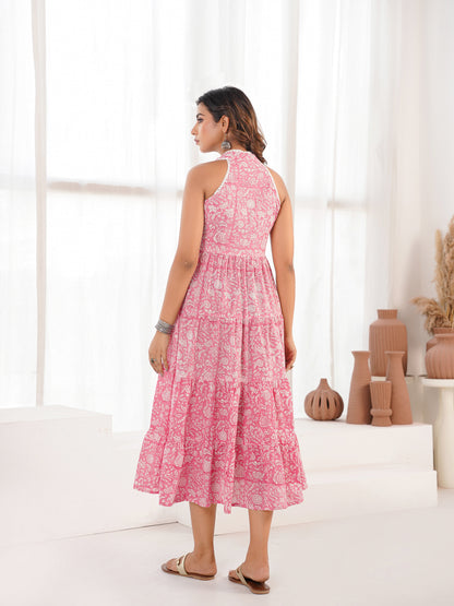 Tiered Halter Neck Dress Pink Jaal