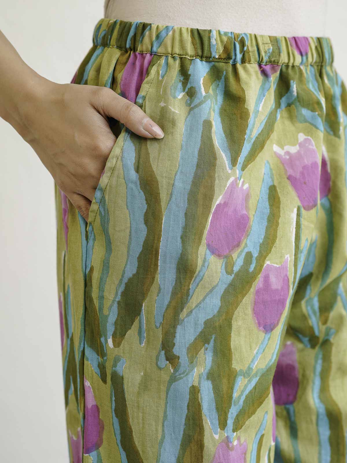 Cotton Printed Lounge Wear Coord Set Green Flower