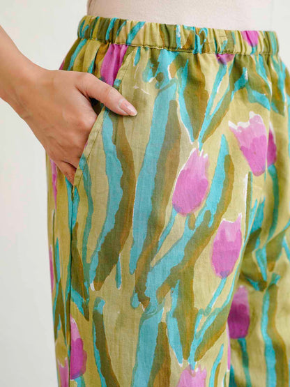 Cotton Printed Lounge Wear Coord Set Green Flower