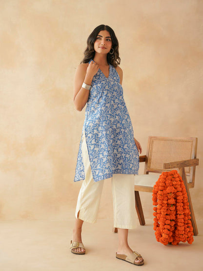 Sleeveless Cotton Halter Neck Kurti Blue