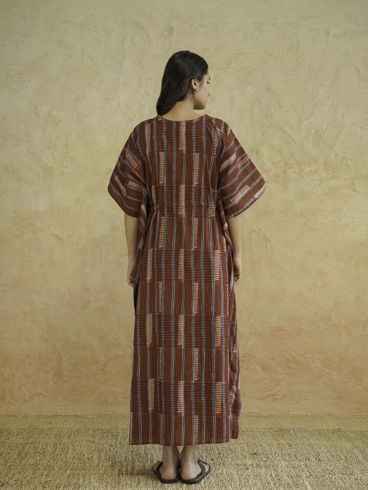 Block-Printed Cotton Long Kaftan Red Starp