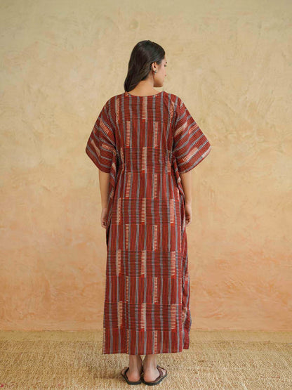 Block-Printed Cotton Long Kaftan Red Starp