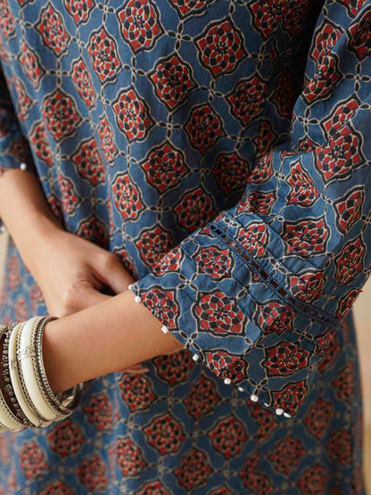 Cotton Printed Aline Kurta Set For Women Blue