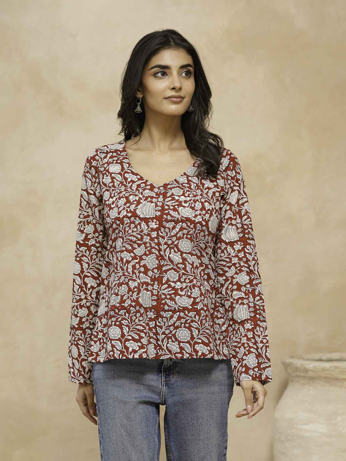 Full Sleeve Cotton Printed Classic Vee Top Red