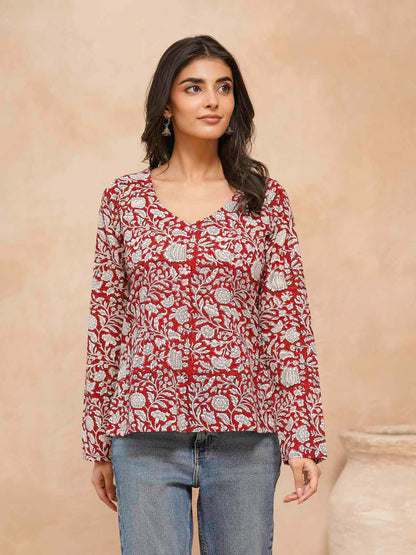Full Sleeve Cotton Printed Classic Vee Top Red