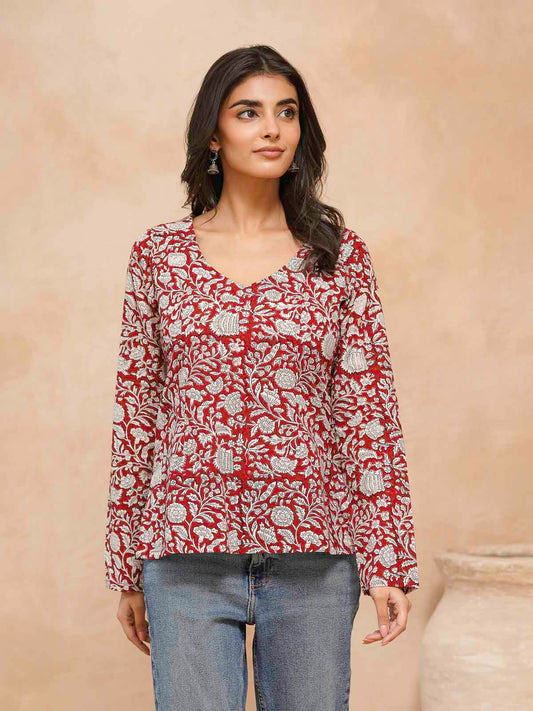Full Sleeve Cotton Printed Classic Vee Top Red