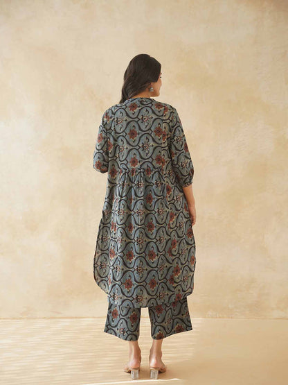 Women Ethnic Motifs Printed Cotton Pleat Set Grey