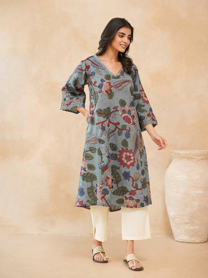 Cotton Printed Ultimate Aline Kurta For Women Blue
