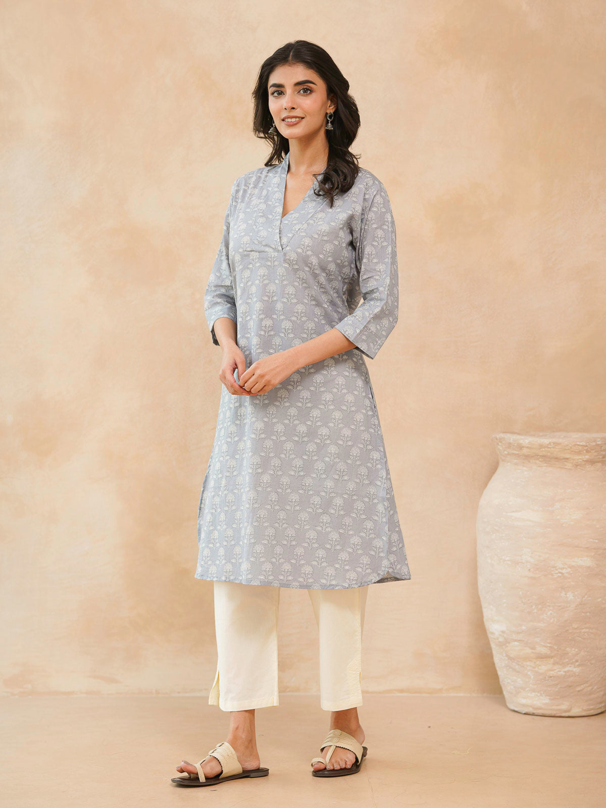 Cotton Printed Straight Kurta Grey