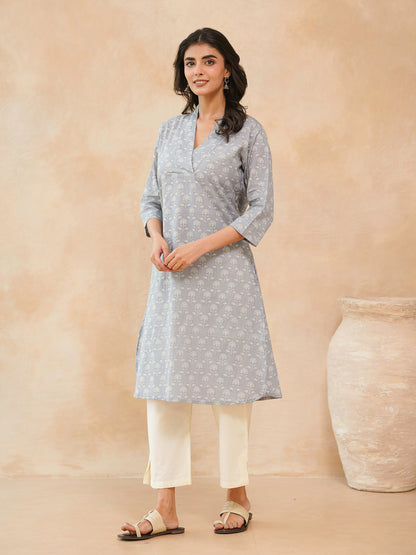 Cotton Printed Straight Kurta Grey