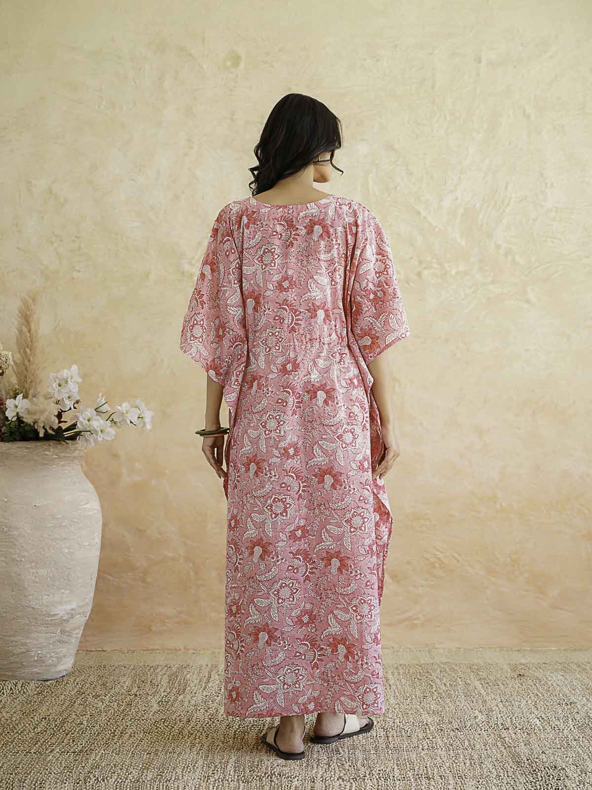 Block-Printed Cotton Long Kaftan Pink Jaal