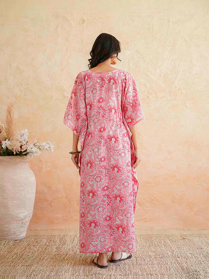Block-Printed Cotton Long Kaftan Pink Jaal