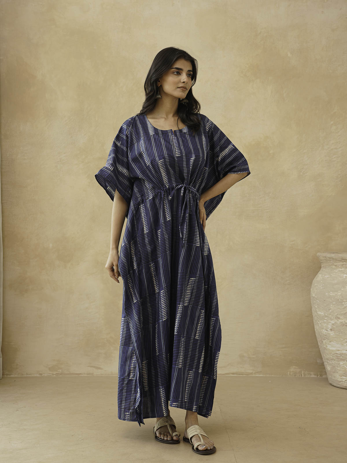 Block-Printed Cotton Long Kaftan Indio Straip