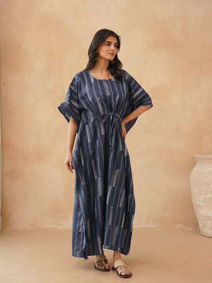 Block-Printed Cotton Long Kaftan Indio Straip