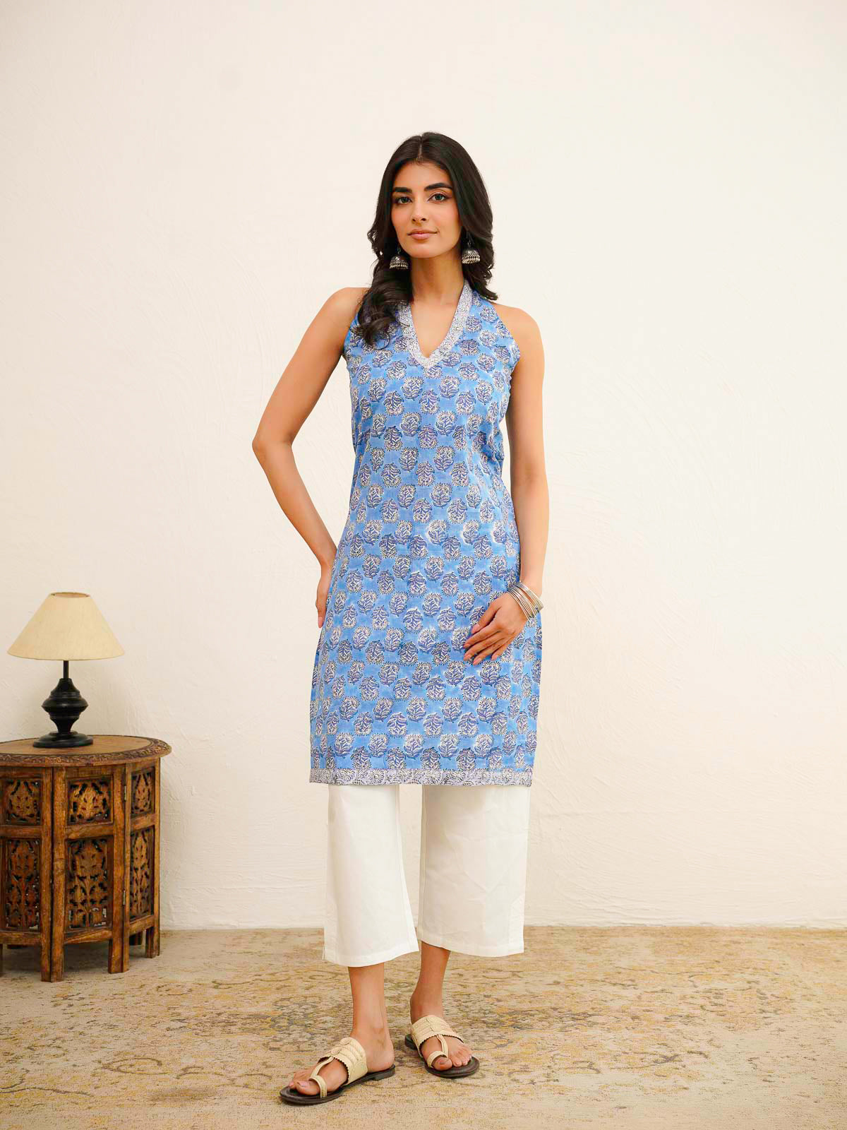 Sleeveless Cotton Halter Neck Kurti Blue Booty