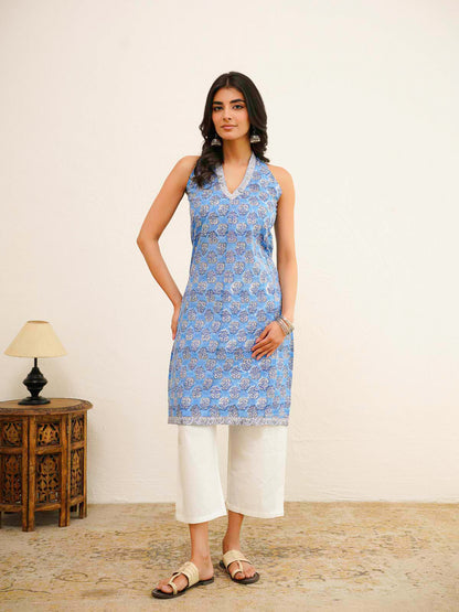 Sleeveless Cotton Halter Neck Kurti Blue Booty