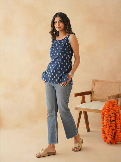 Cotton Printed Stylish Backless Tie-up Kurti Indigo