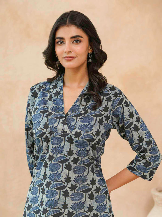 Cotton Printed Straight Kurta Indigo Lotus