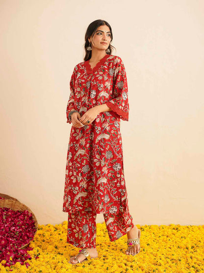 Block Printed Cotton Kurta Pant Bagiya Set Red Jaal