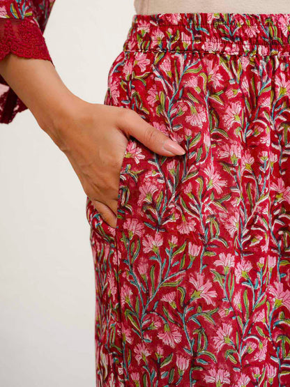 Block Printed Cotton Kurta Pant Bagiya Set Red Patti
