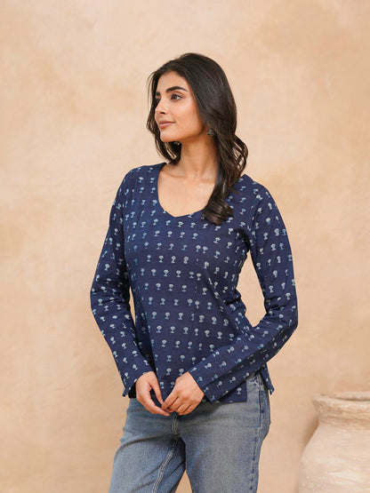 Full Sleeve Cotton Printed Classic Vee Top Blue Booty