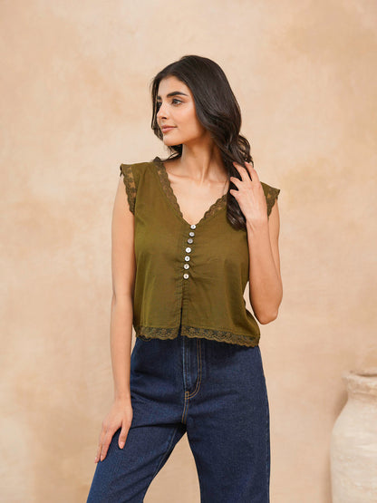 Sleeveless Cotton Printed Daisy Lace Top Green