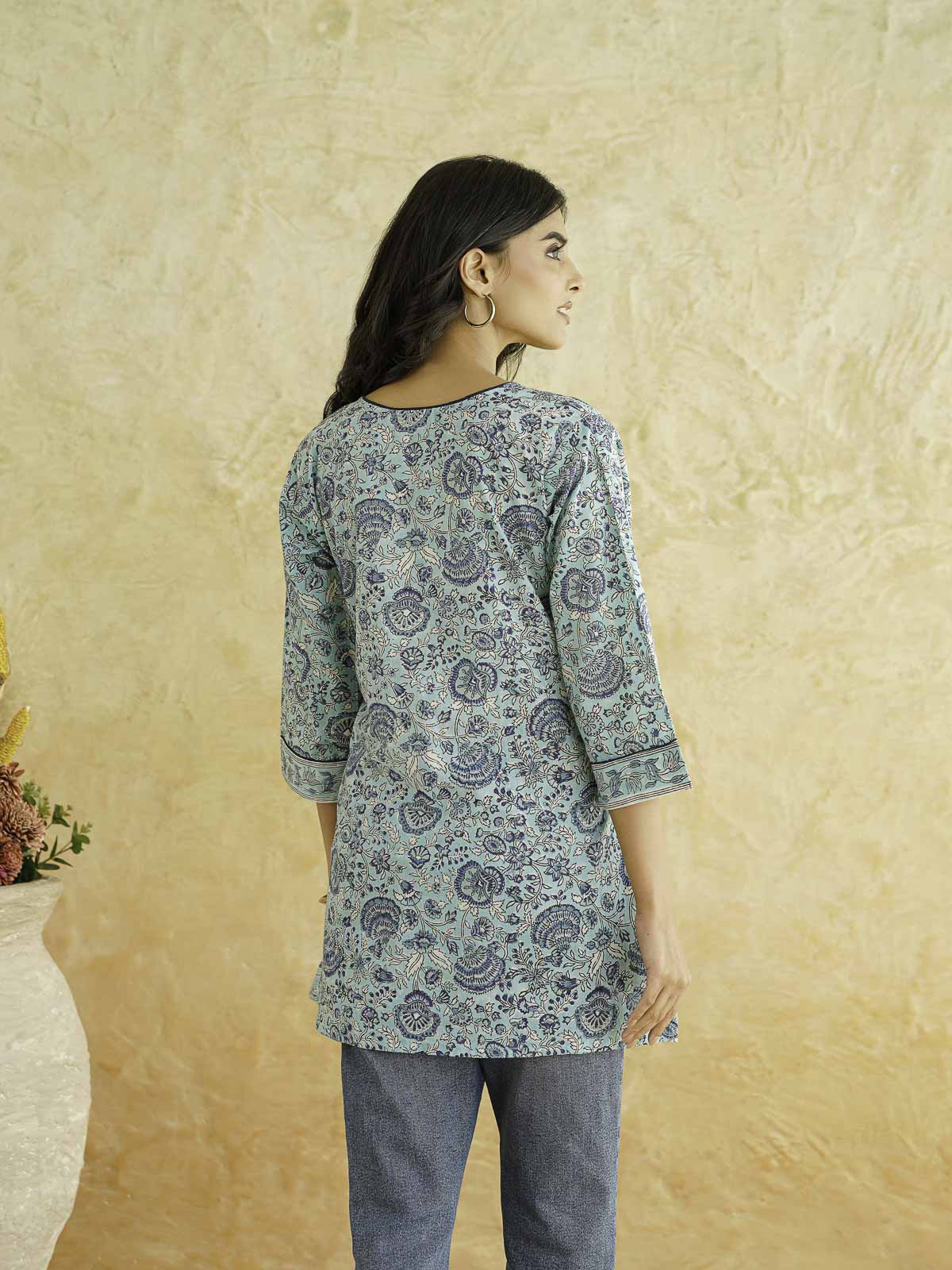 Cotton Printed Sequin Short Kurti For Women Turquoise