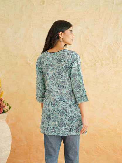 Cotton Printed Sequin Short Kurti For Women Turquoise