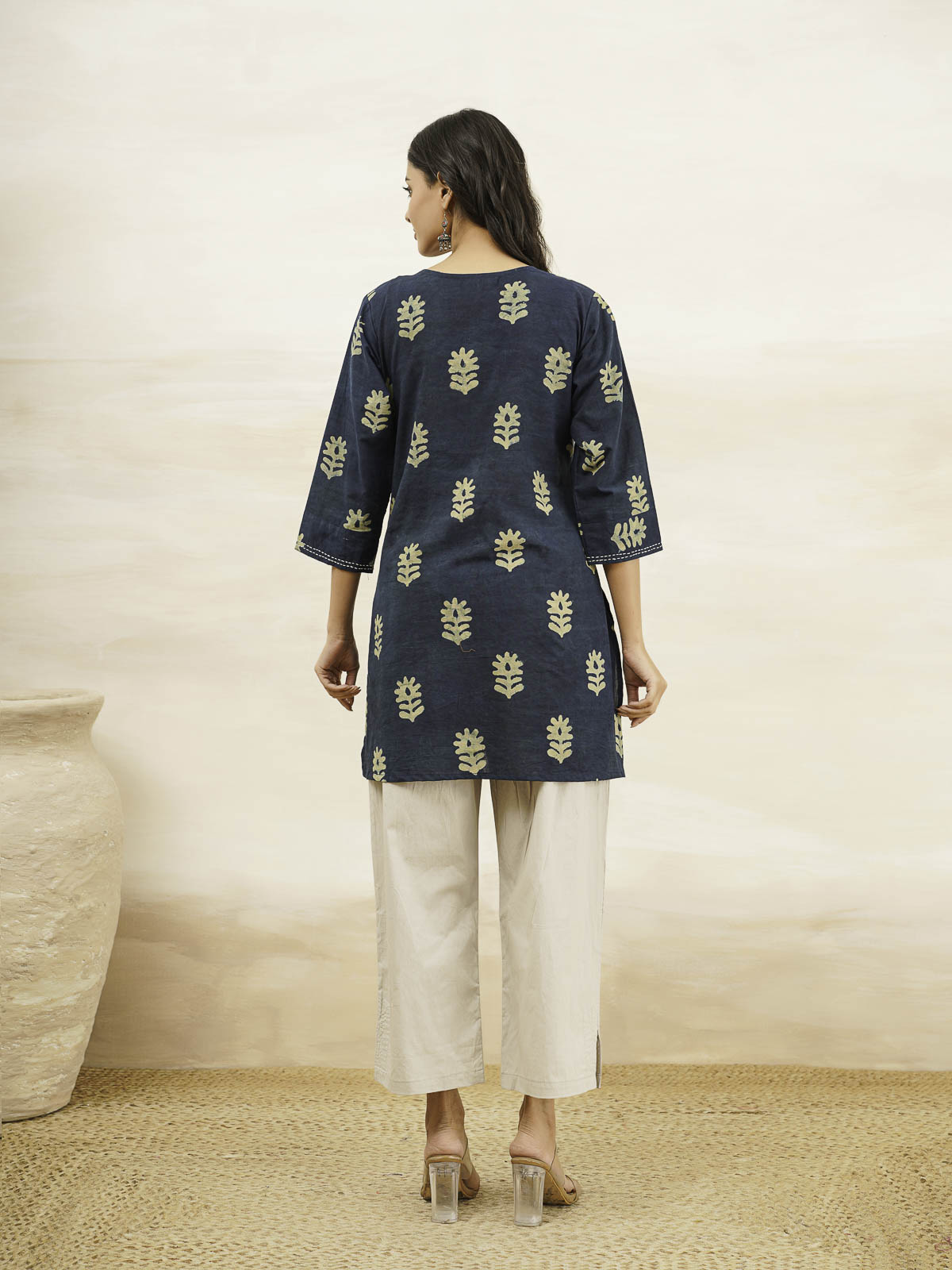 Cotton Printed Kantha Kurta Indigo Boota