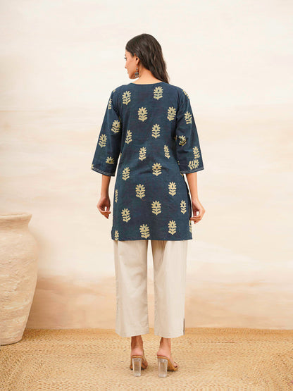 Cotton Printed Kantha Kurta Indigo Boota